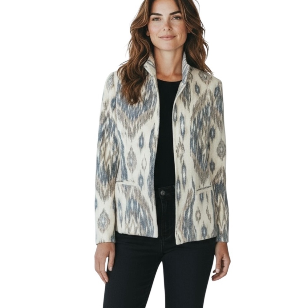 CHICOS Size 1 US‎ M Ikat Print Open Front Blazer Jacket Aztec Career Office